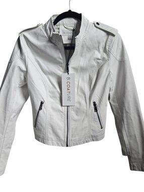 B Coature White Cropped Faux Leather Moto Jacket Zip Biker NWT S